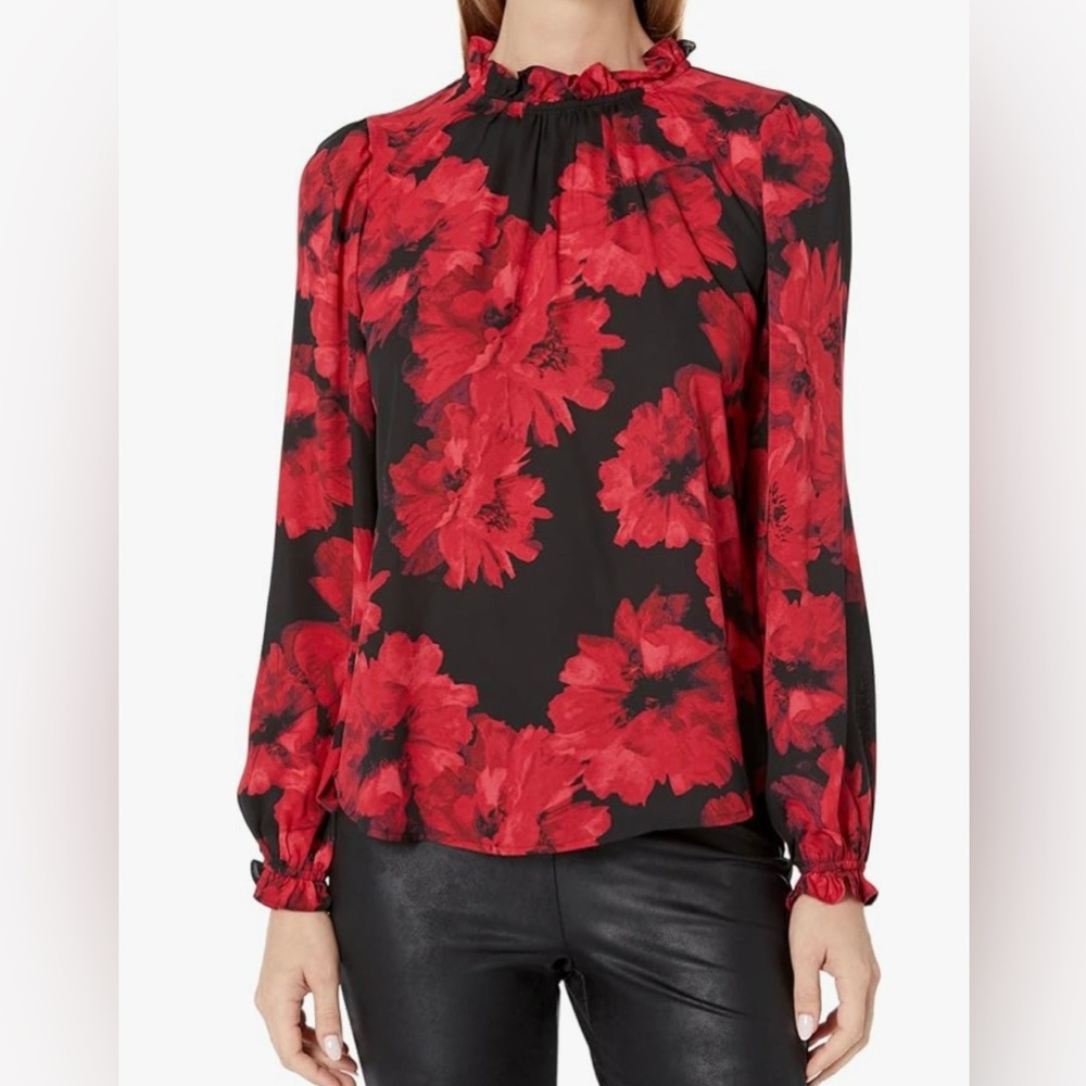 EUC * GORGEOUS COLORS* Anne Klein Red/ Black Floral Long-Sleeve Blouse, Size XL